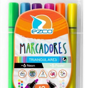 MARCADOR EZCO TRIANGULAR X12 COLORES NEON+PASTEL (VALIJA PLASTICA)