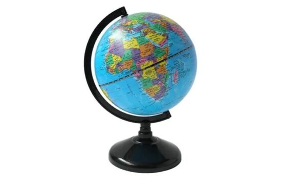 GLOBO TERRAQUEO 14CM / BASE DE PLASTICO CELESTE MULTIGIRO (147WD)