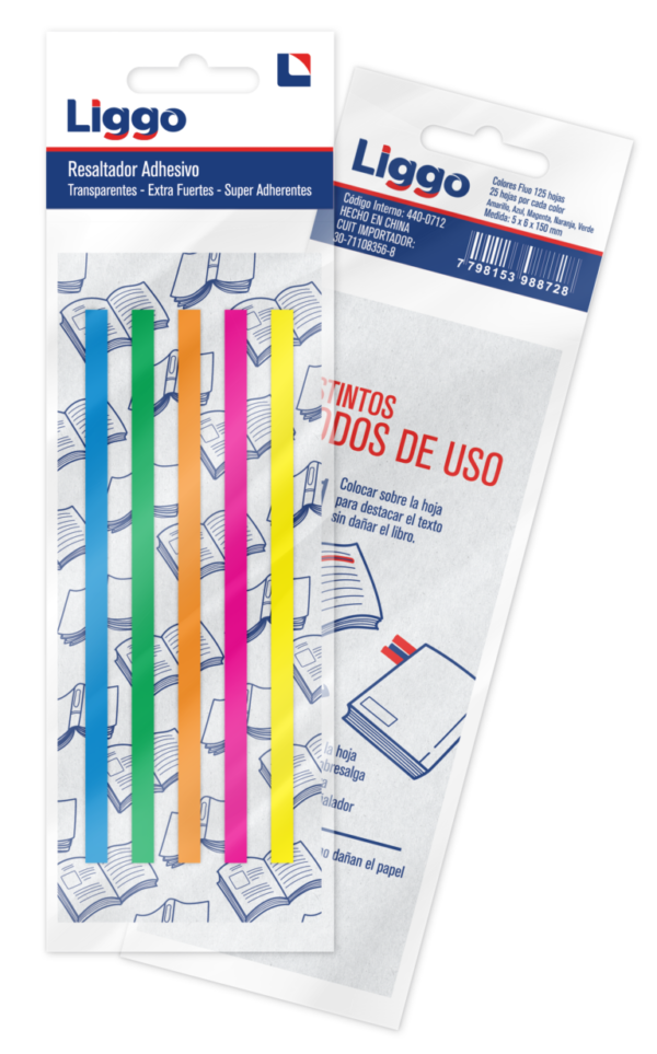 NOTAS RESALTADOR ADHESIVO LIGGO TRANSPARENTES V/COLORES 6X5X150MM 125H. (440-0712)