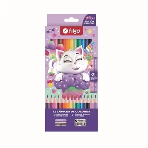 LAPICES DE COLORES FILGO PINTO GATITO X12U + GOMA + LAPIZ (PN201-E12-FTSY1)