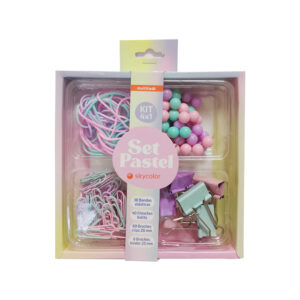 SET SKYCOLOR PASTEL 4X1 BANDAS ELASTICAS + CHINCHES BOLITA + BROCHES CLIPS 28MM + BROCHES BINDER 25MM