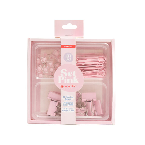 SET SKYCOLOR PINK 3X1 CHINCHES + BROCHES CLIPS 50MM + BROCHES BINDER 25MM