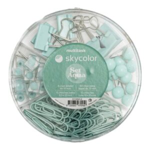 SET SKYCOLOR AQUA CIRCULAR BROCHES BINDER 19MM + BROCHES CLIPS 28MM + CHINCHES BOLITA + CHINCHES CUBO