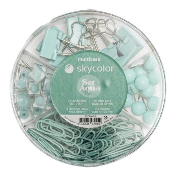 SET SKYCOLOR AQUA CIRCULAR BROCHES BINDER 19MM + BROCHES CLIPS 28MM + CHINCHES BOLITA + CHINCHES CUBO