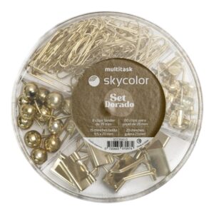 SET SKYCOLOR DORADO CIRCULAR BROCHES BINDER 19MM + BROCHES CLIPS 28MM + CHINCHES BOLITA + CHINCHES GALERA