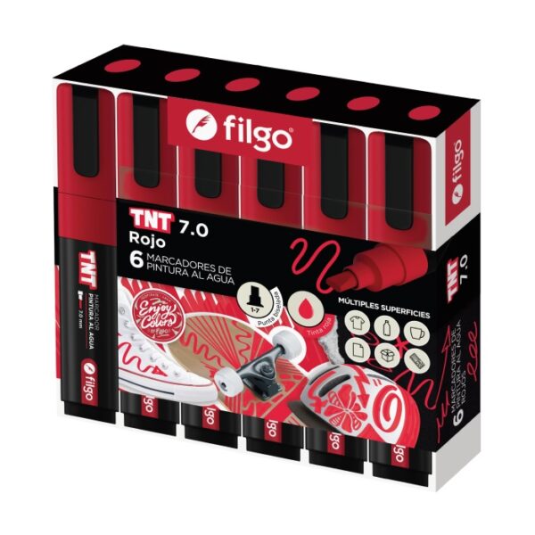 MARCADOR FILGO PINTURA AL AGUA TNT X6U C/U TRAZO MEDIO ROJO 3.0 (TNTM30-C6)