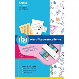 SOBRE IBICO P/PLASTIFICADO CALIENTE OFICIO 225X365 MM X100U (125 MICRONES)