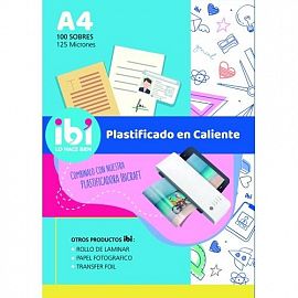 SOBRE IBICO P/PLASTIFICADO CALIENTE A4 220X310 MM X100U (125 MICRONES)